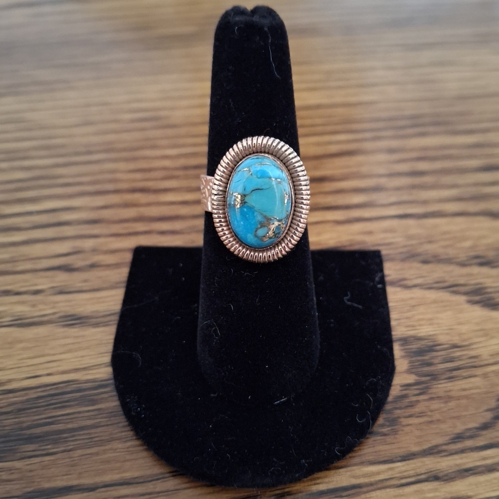 Ring Large Copper Turquoise Natural Stone Adjustable Band Sizes 6-7-8